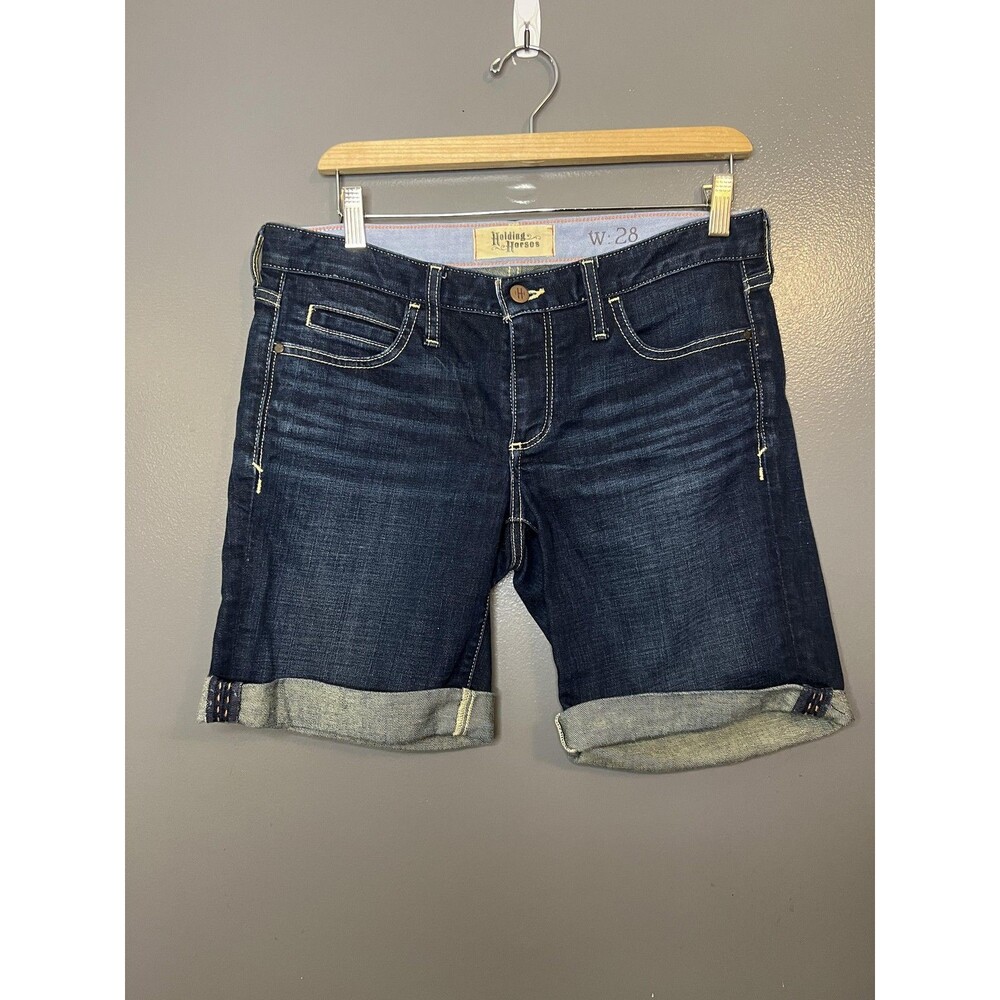 Holding Horses Shorts Womens 28 Blue Denim Boy Short Cuffed Roll Up Stretch
